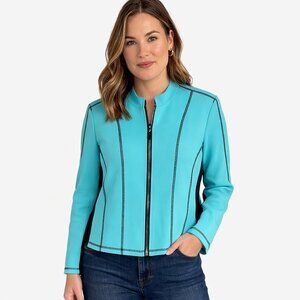 Joseph Ribkoff Full Zip Mixed Media Jacket Size 14 Blue Edgy Minimalist Travel